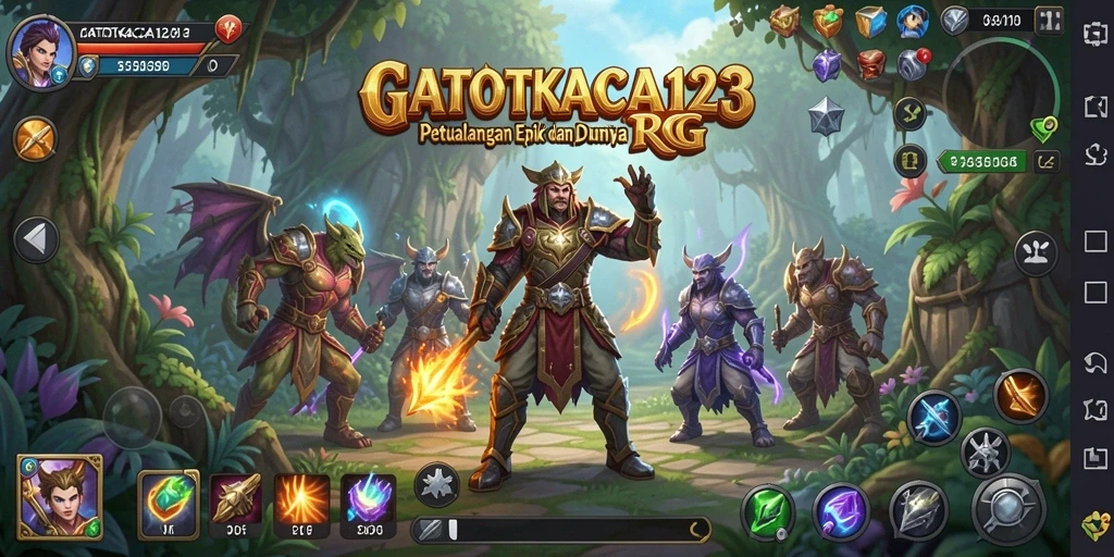 Screenshot gameplay GATOTKACA123 menampilkan pertarungan epik dalam petualangan RPG.