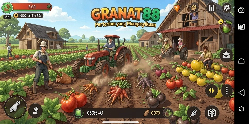 Tampilan gameplay GRANAT88 dengan kebun yang indah dan tanaman yang subur.
