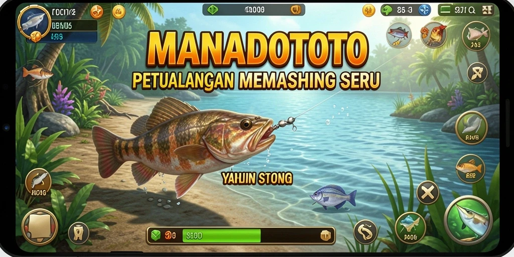 Screenshot gameplay MANADOTOTO menampilkan aksi seru saat memancing ikan.