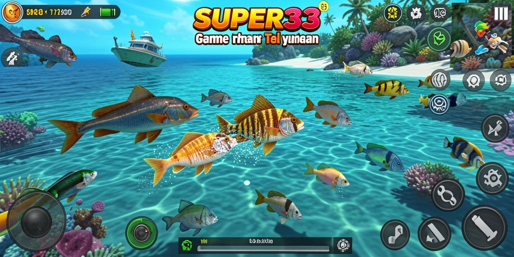 Screenshot gameplay SUPER33 menunjukkan aksi seru menembak ikan.