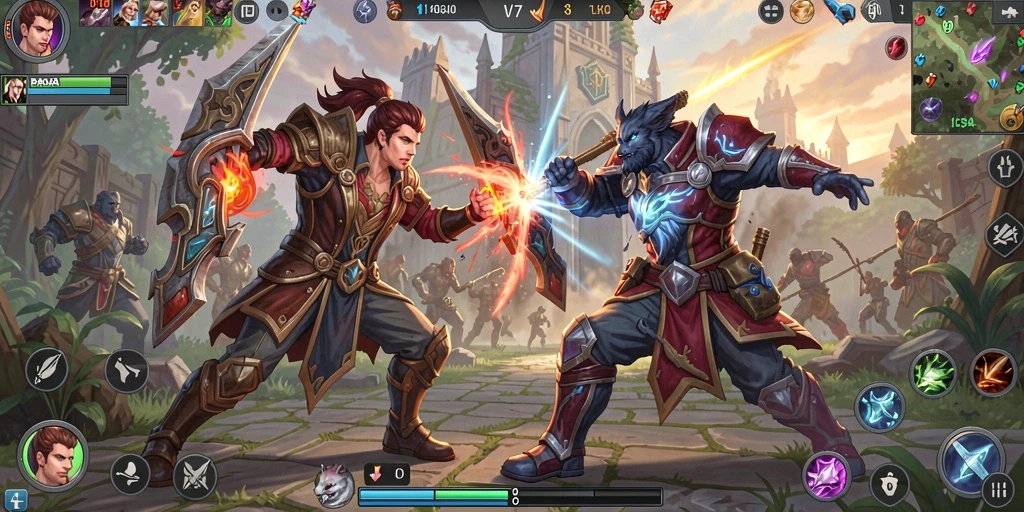 Screenshot gameplay V07 menampilkan aksi seru dalam pertempuran MOBA.
